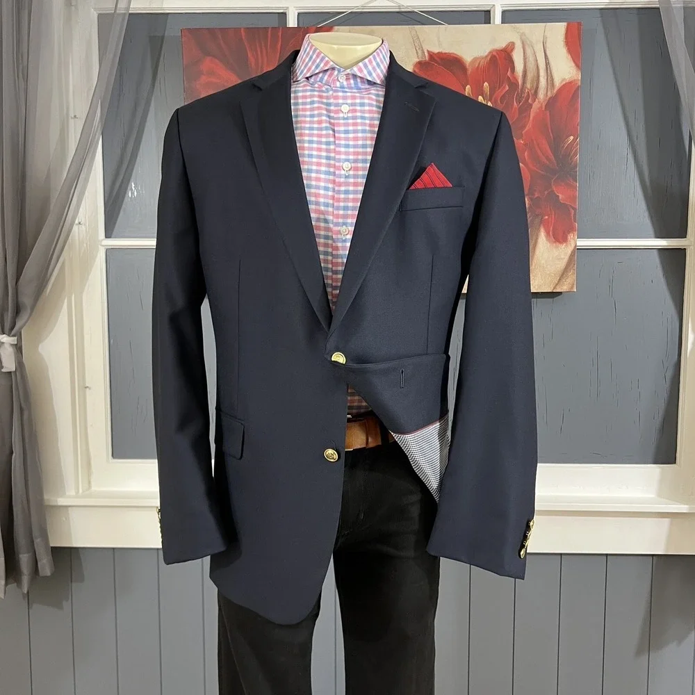 Stafford Blazer Mens 48L Long Wool Golden Buttons Navy Suit Jacket Sport Coat